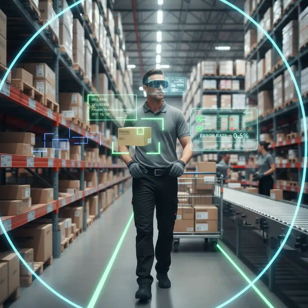Warehouse worker using AR glasses for efficient order picking and inventory management.
