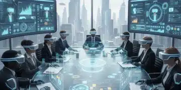 Professionals in a virtual meeting using advanced VR headsets for business collaboration in a futuristic setting.