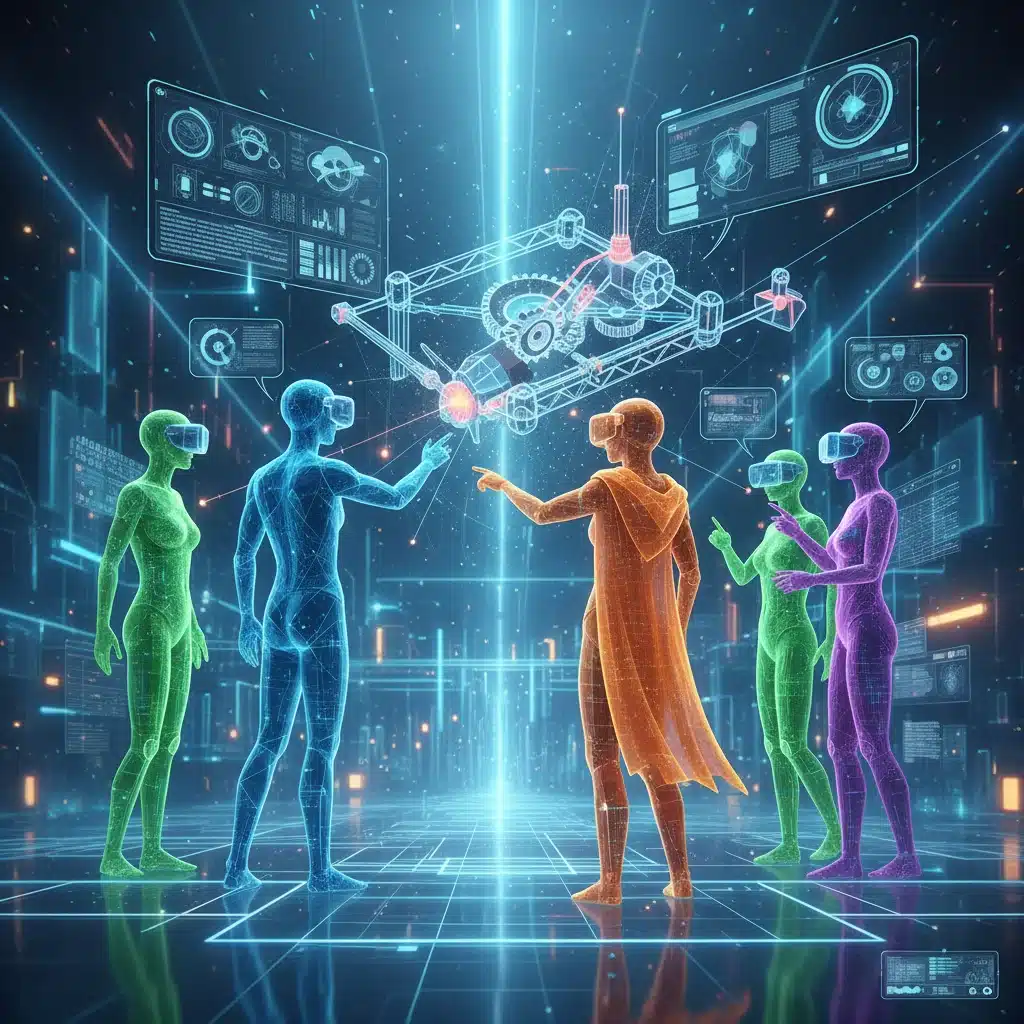 Collaborative virtual reality design session with multiple users interacting with a 3D model.