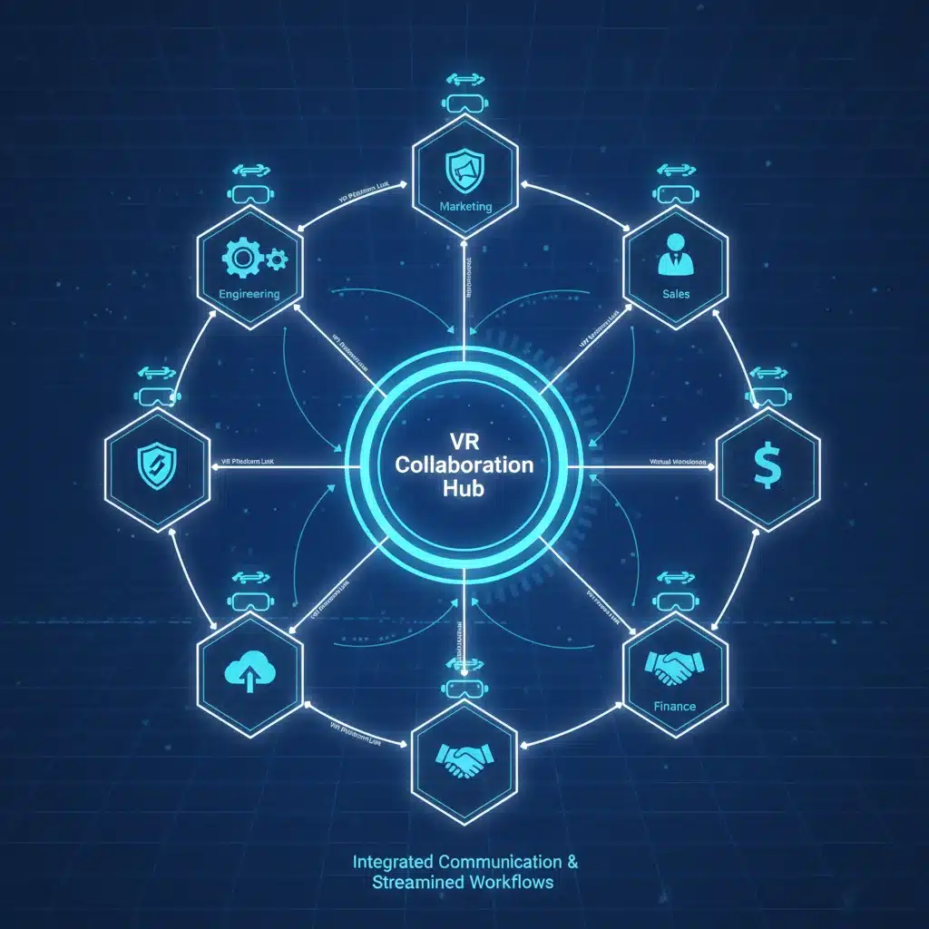 Network diagram illustrating enterprise departments connected via VR collaboration.