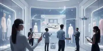 Futuristic retail store with customers using augmented reality for shopping