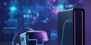 Futuristic VR headset connected by USB-C cable to computer, showcasing advanced virtual reality technology.