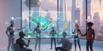 Futuristic virtual meeting in Horizon Workrooms 2.0 with avatars collaborating