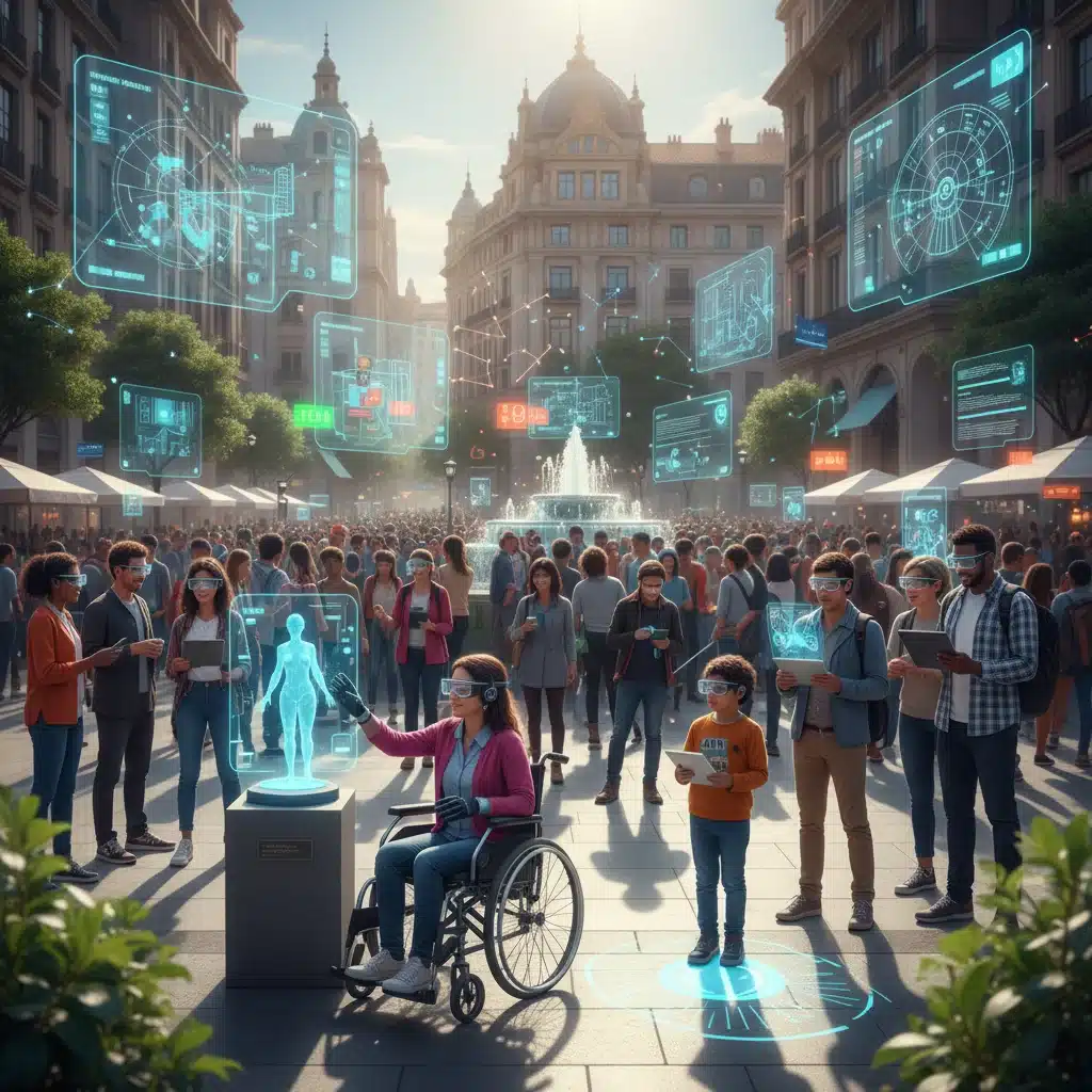 Diverse users interacting with accessible augmented reality applications.