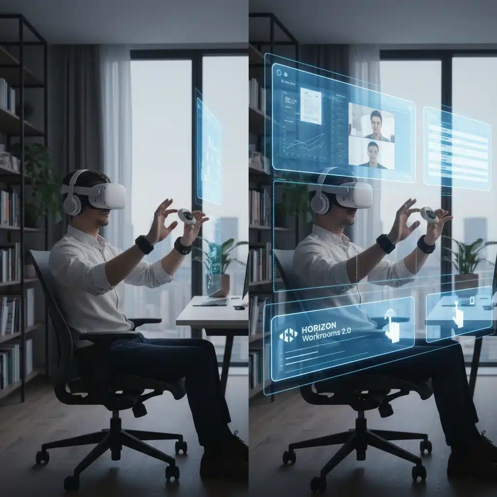 User leveraging mixed reality features in Horizon Workrooms 2.0 for enhanced productivity