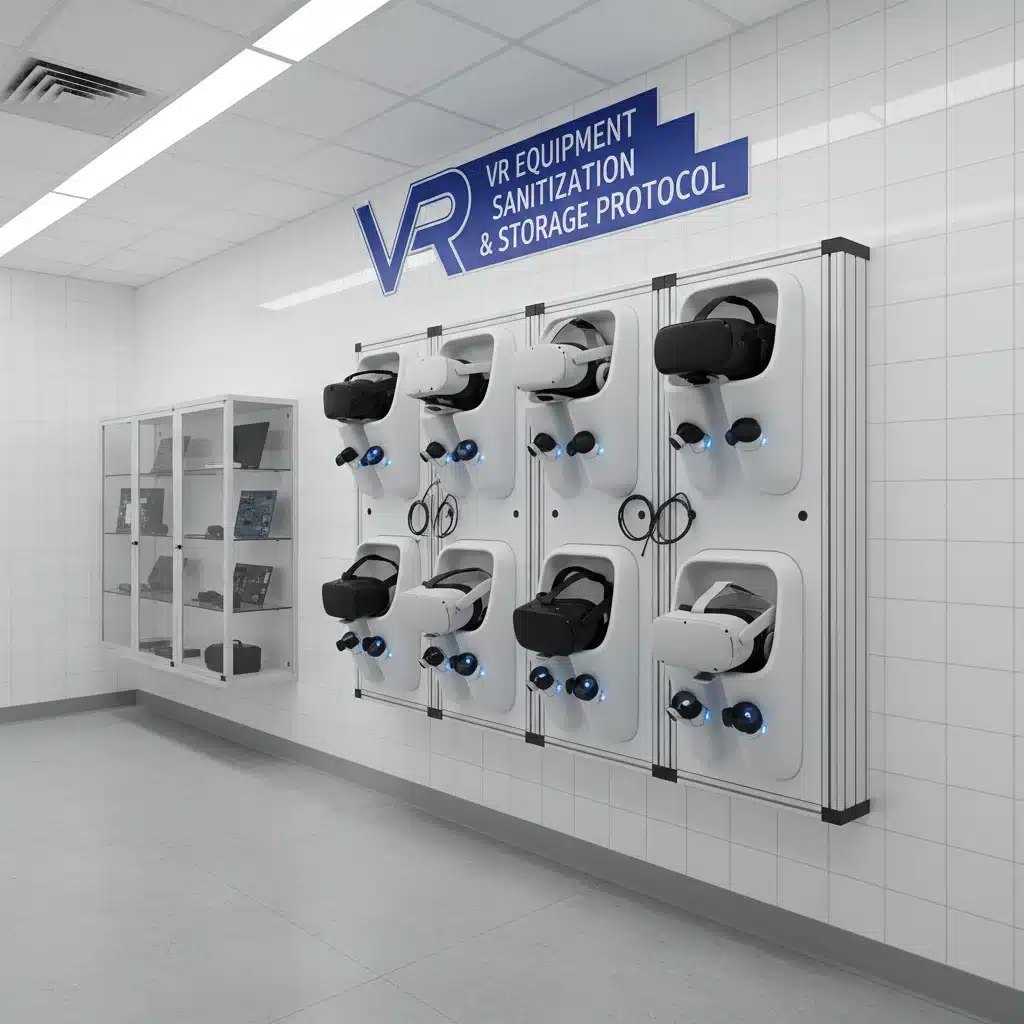 Organized VR headset storage rack in a clean tech environment