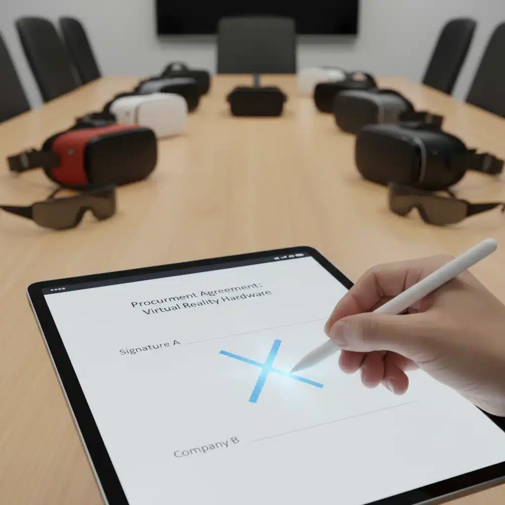 Hand signing a digital contract for VR hardware procurement.