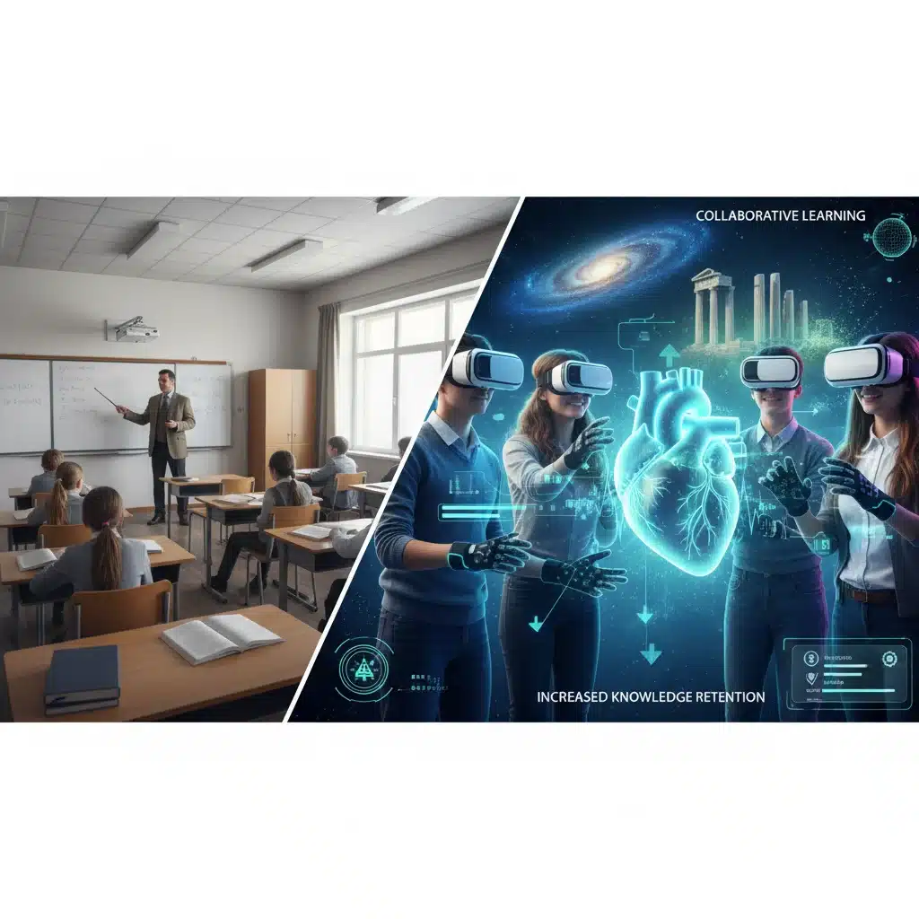 Comparison of traditional learning versus collaborative VR education.