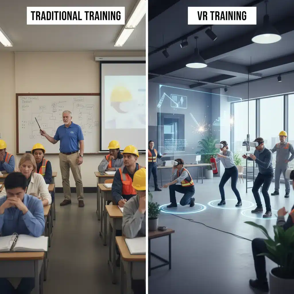 Comparison of traditional and virtual reality safety training methods for workplace incident prevention.