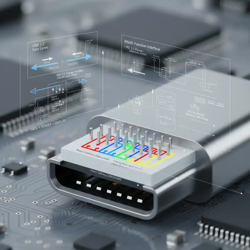 Close-up of USB-C connector pins with technical diagrams of data, power, and display signals.
