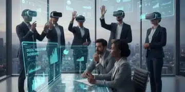 Business professionals utilizing VR headsets in a modern office, reviewing procurement data.