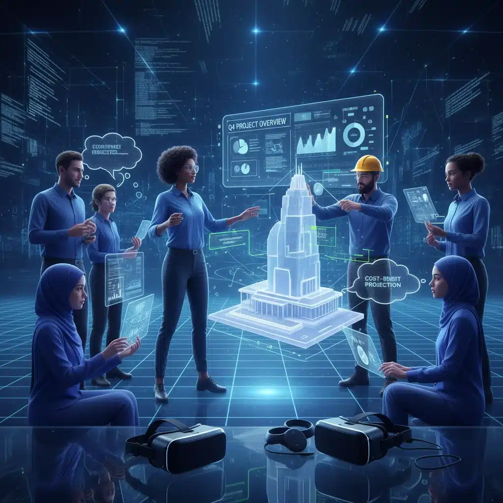 Diverse team collaborating in a virtual reality environment, showcasing VR software's collaborative benefits.