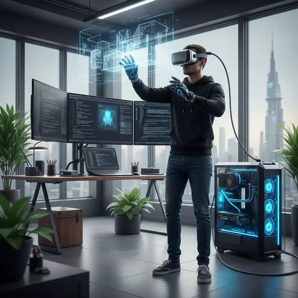 VR developer coding and interacting in virtual reality using a USB-C connected headset.