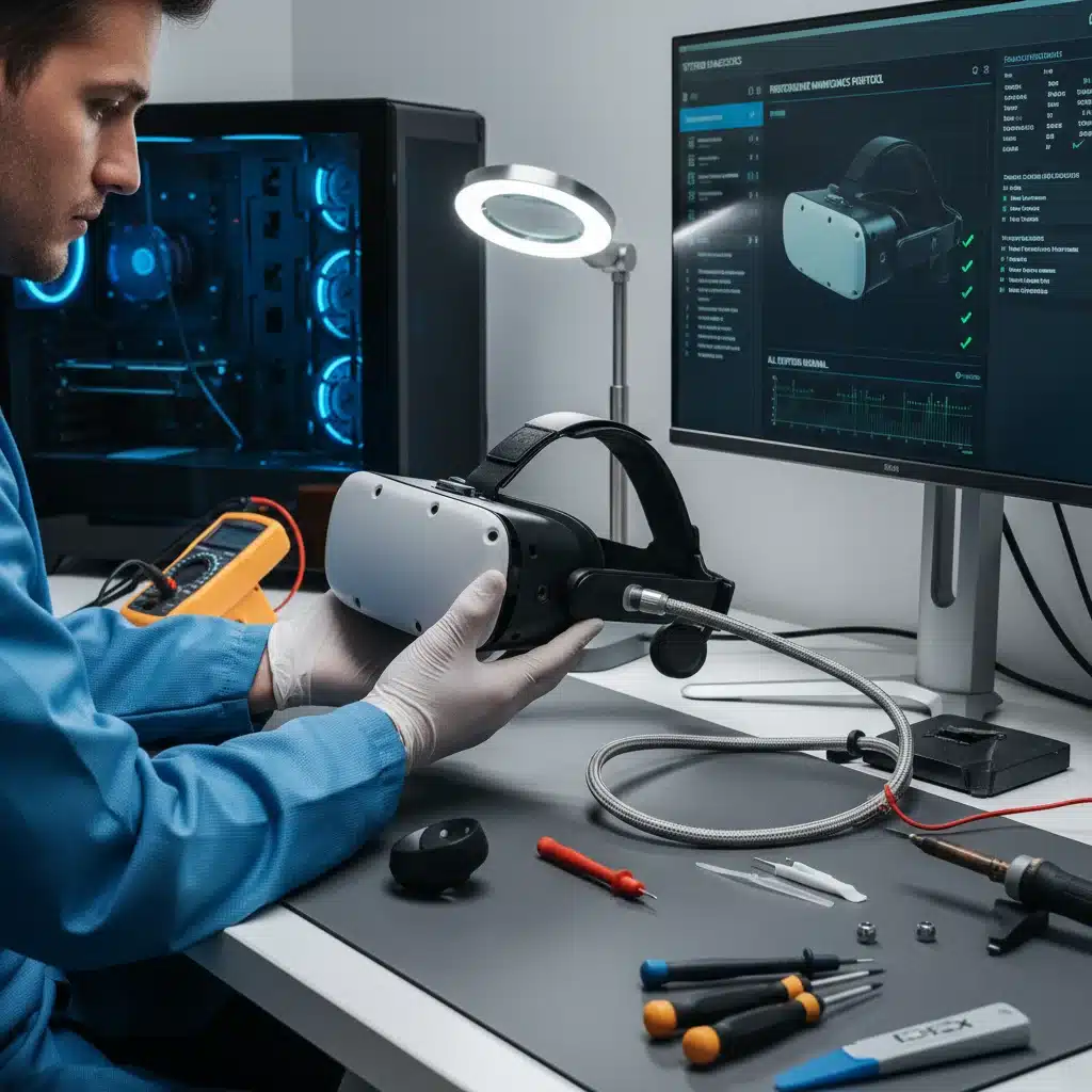Technician performing diagnostic check on VR headset for preventative maintenance