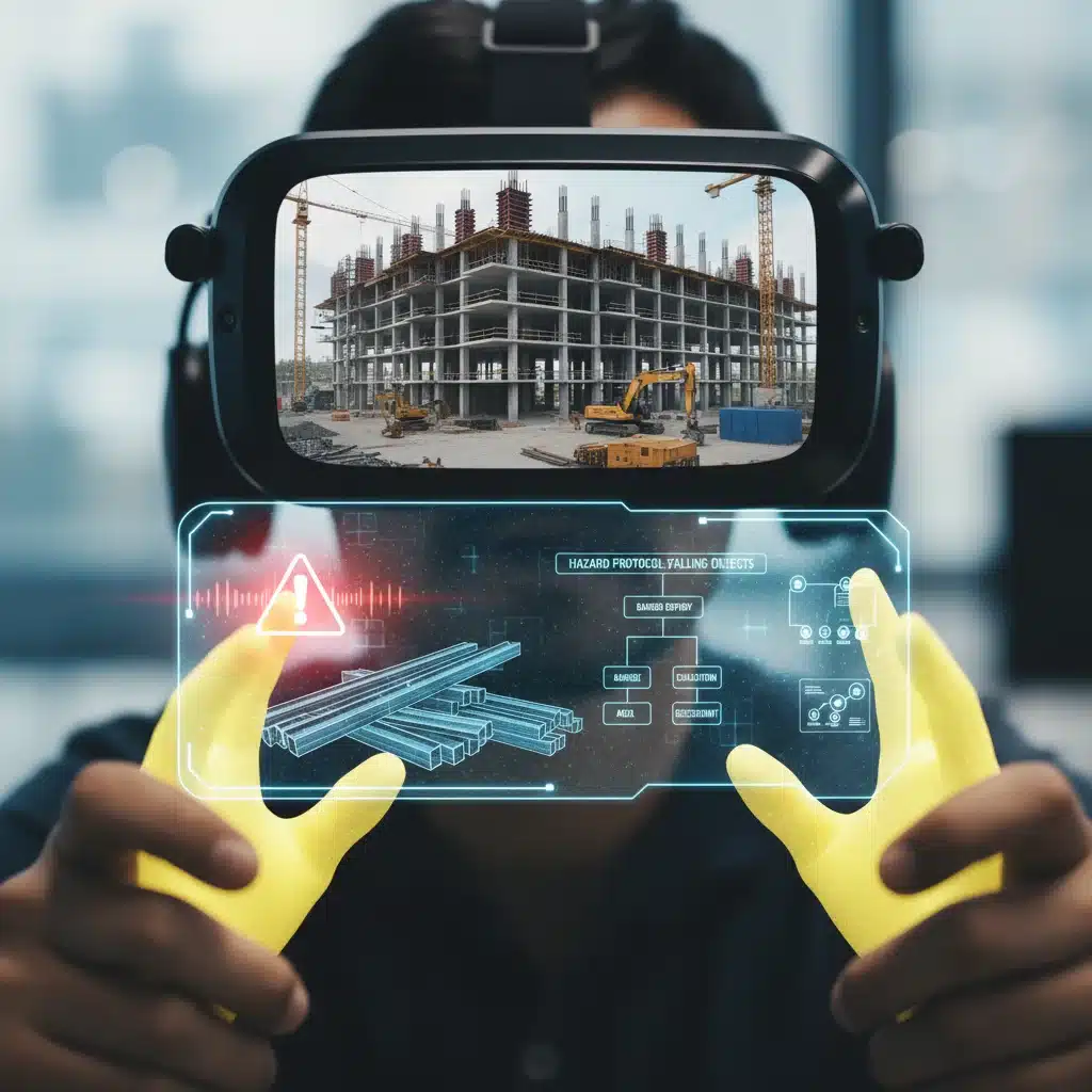 Immersive VR simulation of a construction hazard for effective safety protocol training.