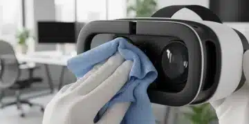 Person cleaning VR headset with microfiber cloth, emphasizing careful maintenance