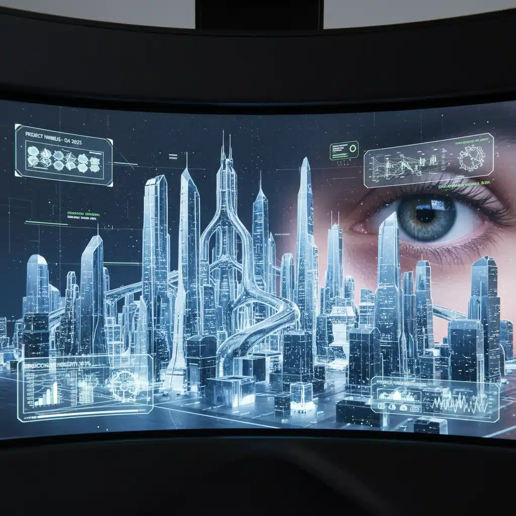 High-resolution VR headset displaying a detailed 3D architectural model for professional design review.