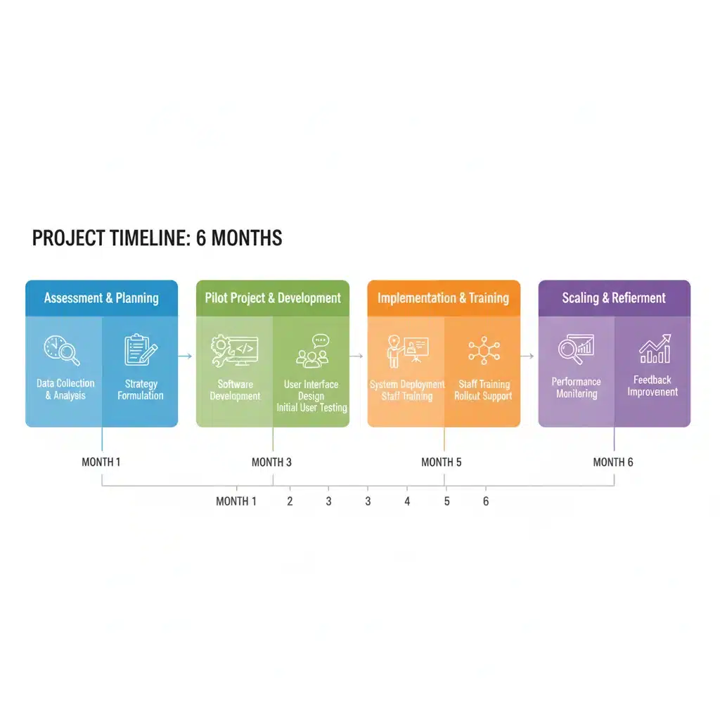 Six-month roadmap for VR implementation in industrial settings, infographic.