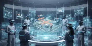 Engineers using VR headsets in a modern industrial control room for process optimization.
