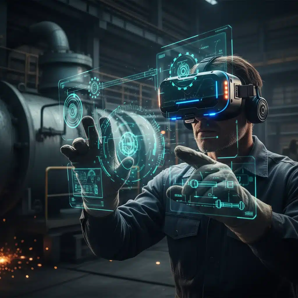 Industrial worker in VR training simulation for complex machinery.