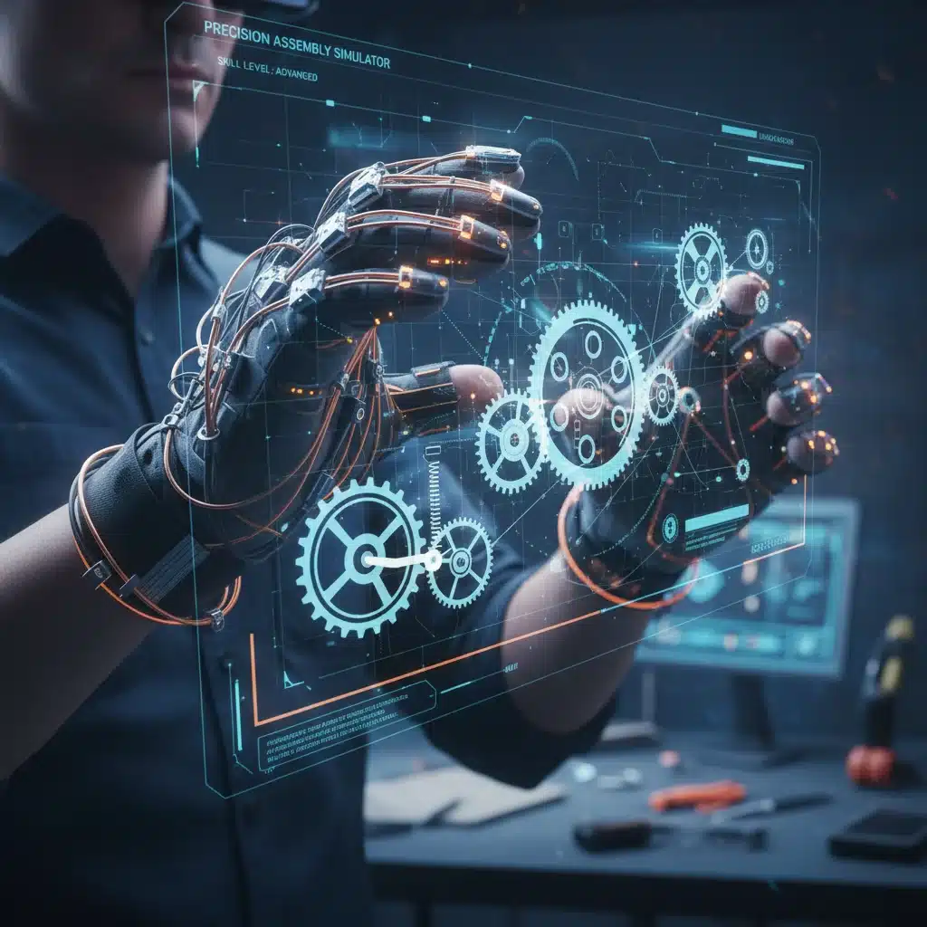 User hands interacting with virtual objects in a VR training simulation.