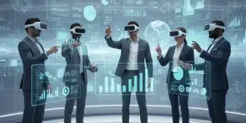 Professionals collaborating in a VR meeting, showcasing remote work efficiency.