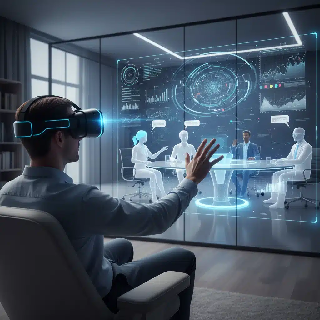 Virtual reality meeting room with interactive whiteboard for remote collaboration