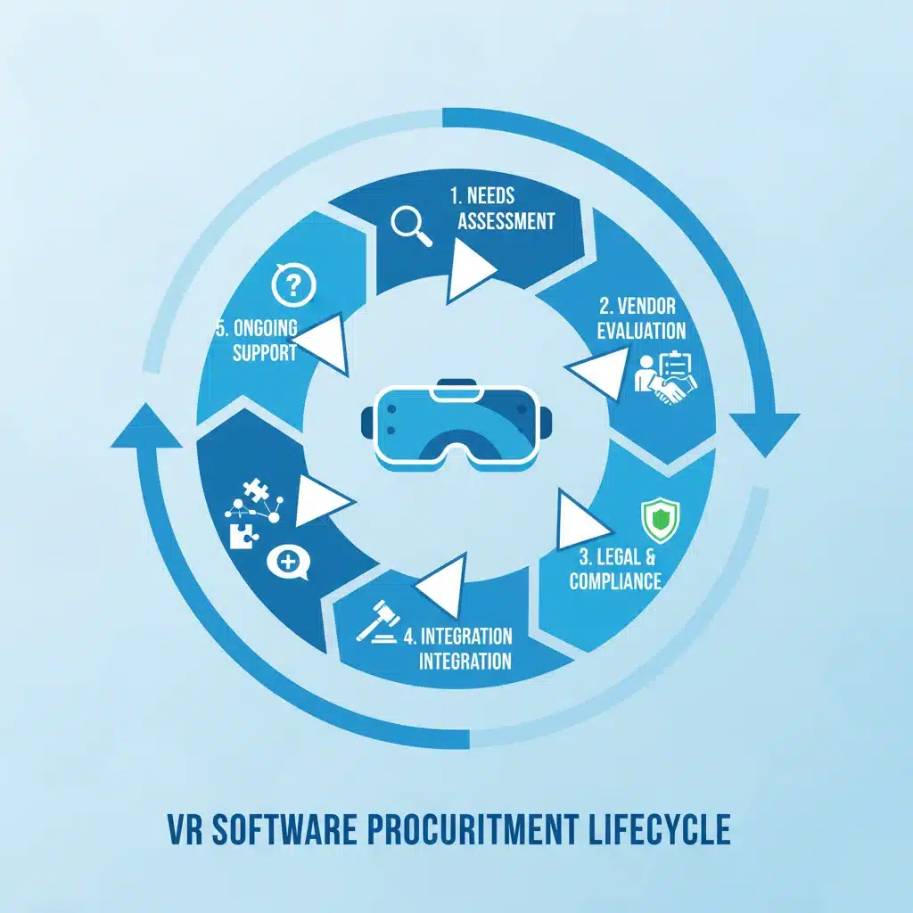 Infographic illustrating the cyclical stages of VR software procurement for businesses.