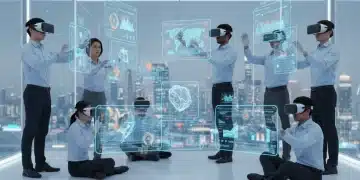 Remote workers collaborating in a futuristic VR workspace using productivity apps