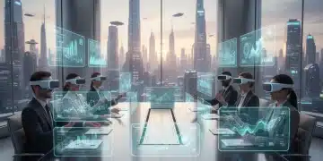 Business professionals in VR headsets strategizing in a futuristic meeting room for 2026 VR software procurement.