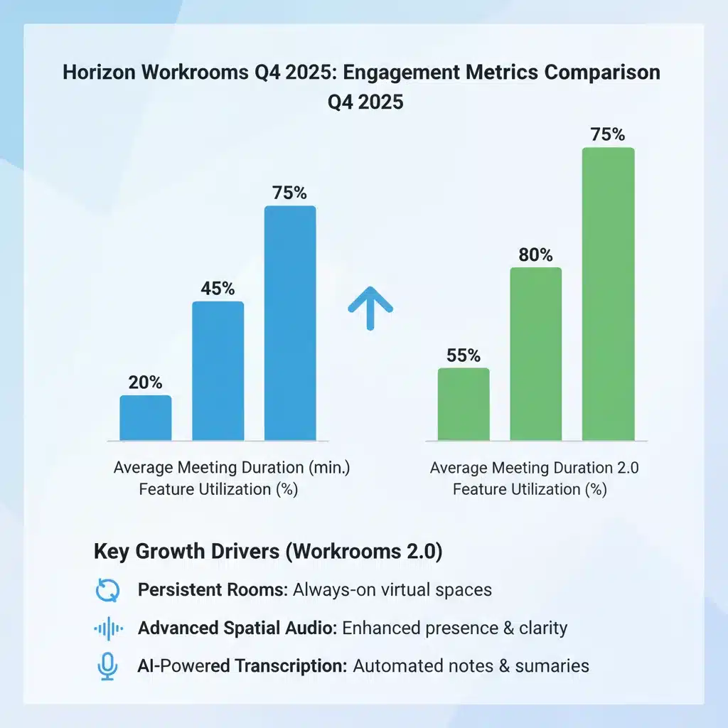 Infographic comparing Horizon Workrooms 1.0 and 2.0 user engagement metrics Q4 2025