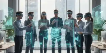 Professionals collaborating using AR headsets on a 3D holographic project in a modern US office.