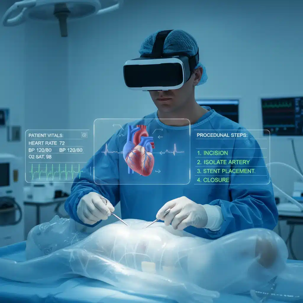 Medical professional utilizing AR overlays for enhanced training or surgical assistance, displaying patient data and anatomical models.