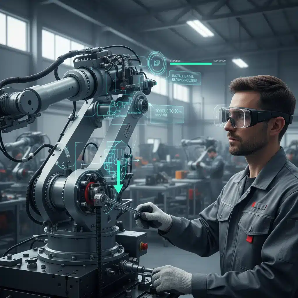 Factory worker performing assembly with AR smart glasses providing real-time digital instructions and visual cues.