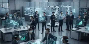 Professionals using AR glasses with digital overlays in a collaborative work environment, symbolizing enhanced productivity.