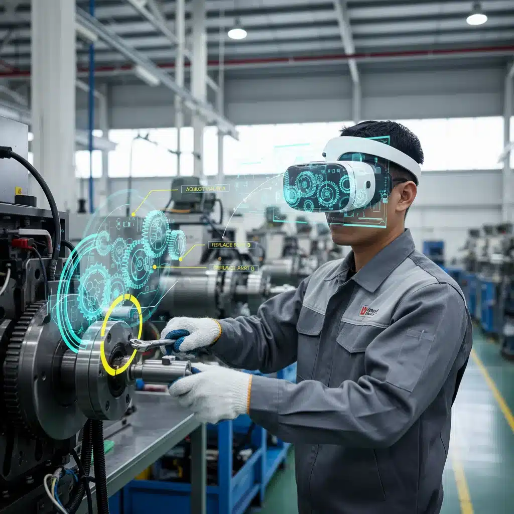 Industrial worker using AR headset for remote assistance and real-time digital overlay on machinery.