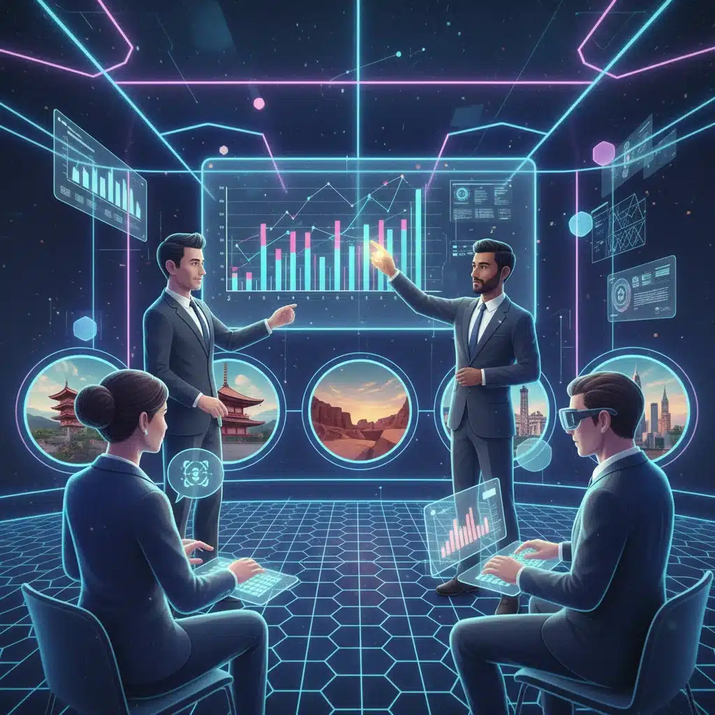 Diverse avatars collaborating in a virtual AR meeting room with a shared digital whiteboard.
