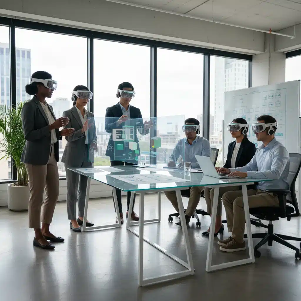 Business team collaborating with easily upgradeable virtual reality devices in a modern office.