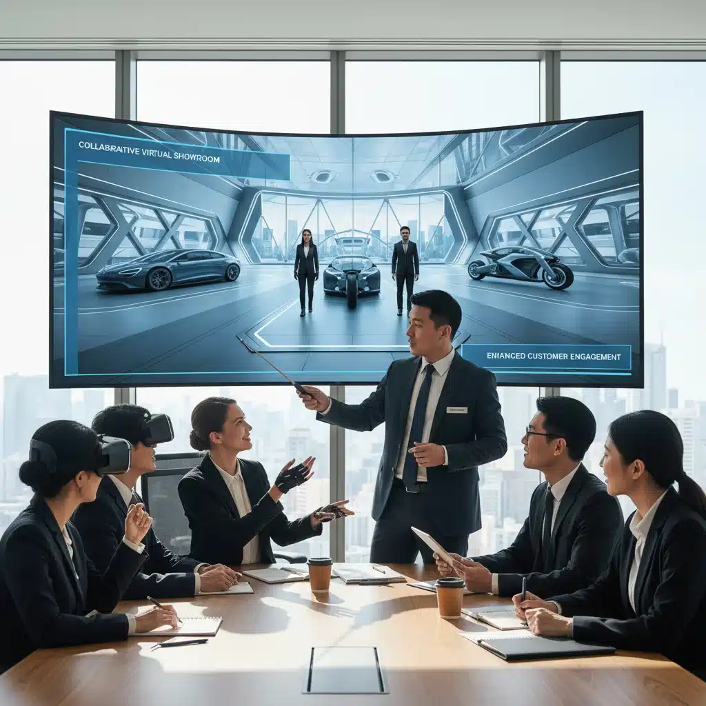 Collaborative business meeting in a shared virtual reality showroom