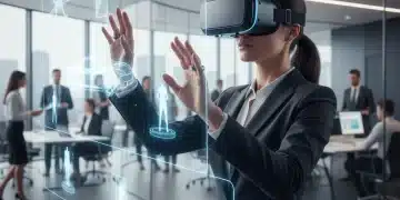 Executive using VR headset in virtual showroom for business sales