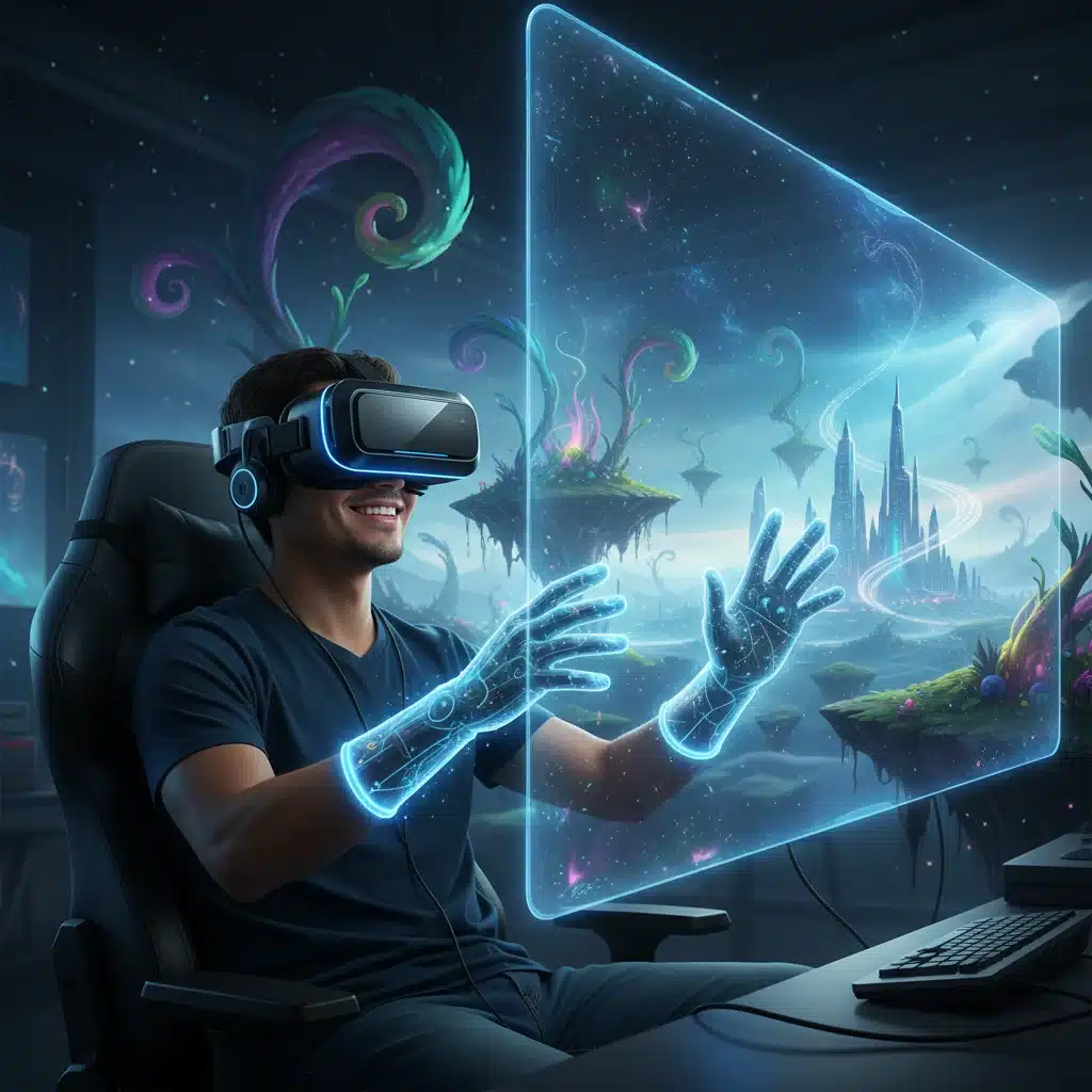 Person immersed in a vibrant, fantastical VR game world, showcasing immersive VR entertainment.