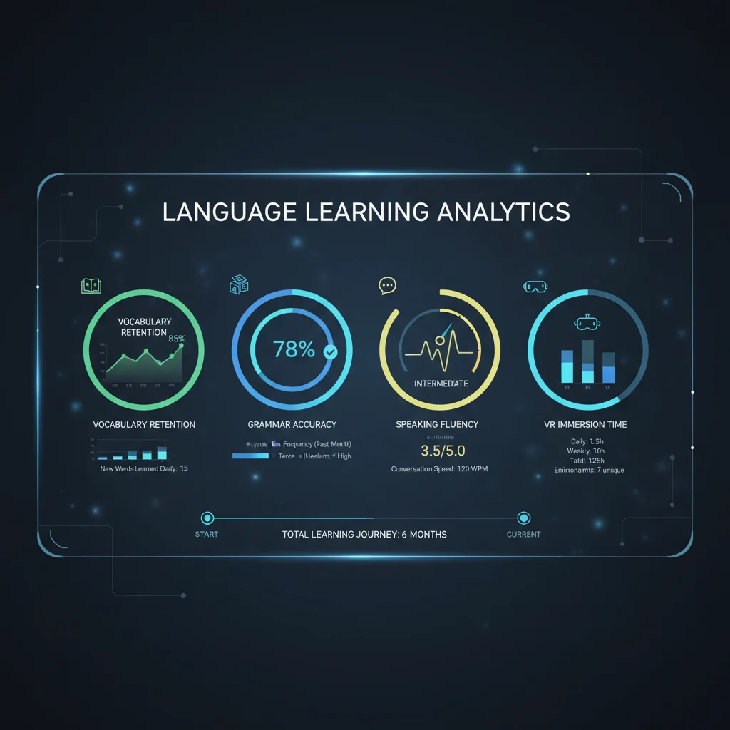 Infographic displaying detailed language learning progress tracking metrics within a VR app.