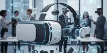 Modular VR headset components on a futuristic table in a professional setting, symbolizing upgradeability for businesses.