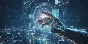 Futuristic hand interacting with glowing VR interfaces, symbolizing new VR app releases.