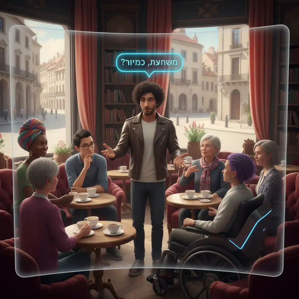 Avatars of diverse learners engaging in a virtual reality language exchange in a café setting.