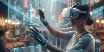 Futuristic VR headset user learning a new language in an immersive virtual environment with interactive elements.