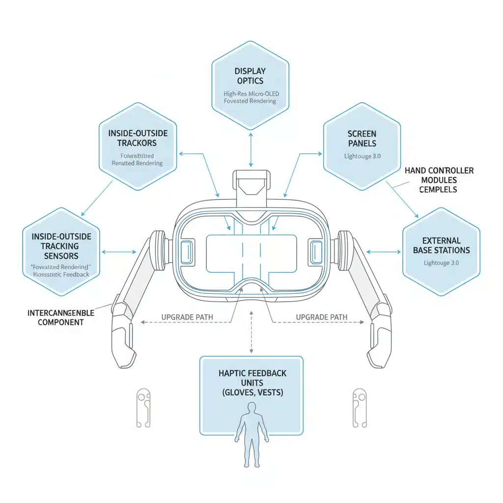 Diagram showing interchangeable modular components of a VR system for easy upgrades.