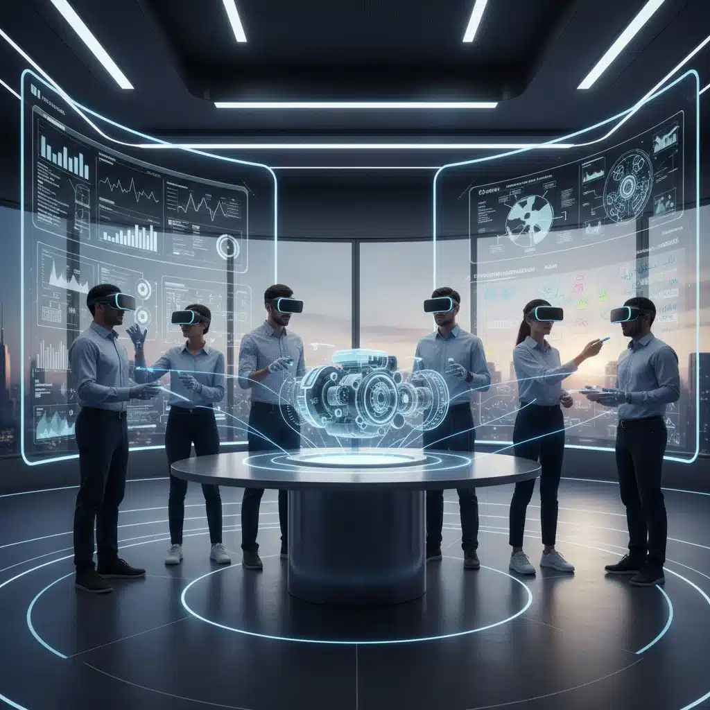 People collaborating in a virtual reality meeting room with VR headsets, showcasing VR for productivity.