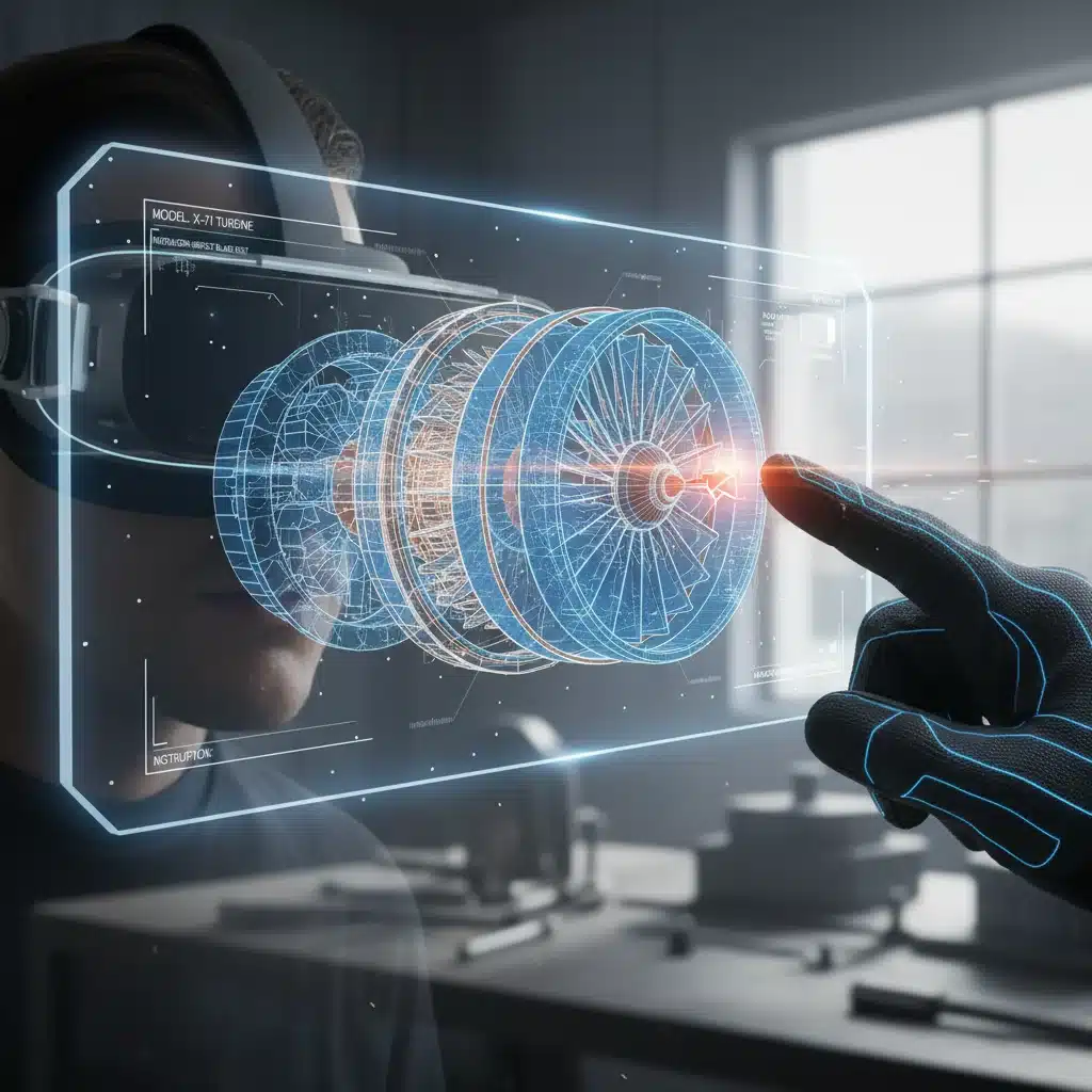 Technician using an AR headset to view a detailed 3D engine model for maintenance or training.