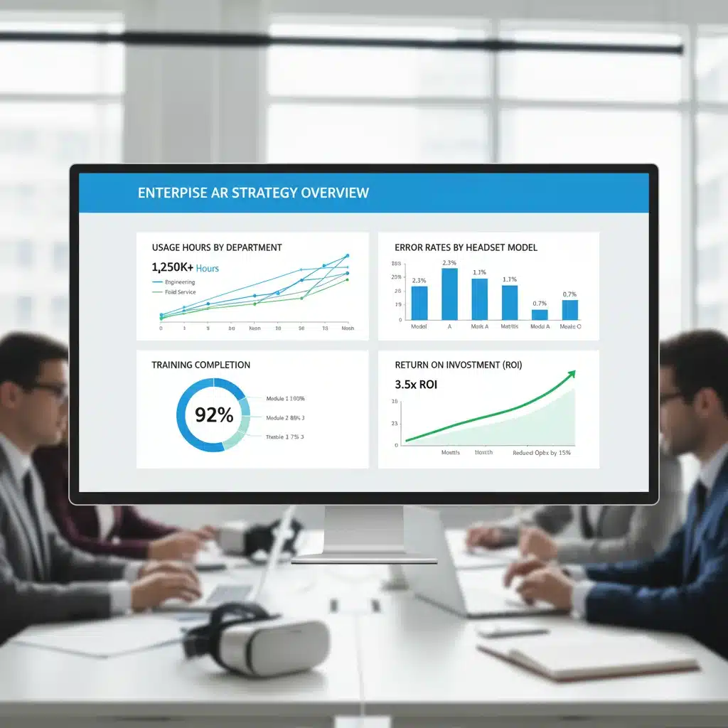 Analytics dashboard showing key performance indicators for enterprise AR headset deployment and ROI.